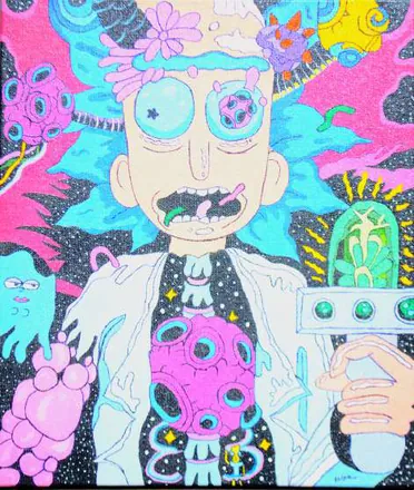 A wide-eyed cartoon scientist in bright pinks, blues and greens