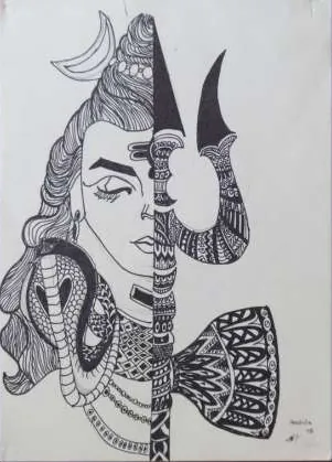Lord Shiva's face split down the middle, half drawn in patterns, with a trident and drum
