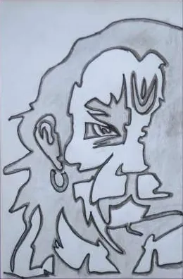 A face with a single earring, drawn in bold grey outlines