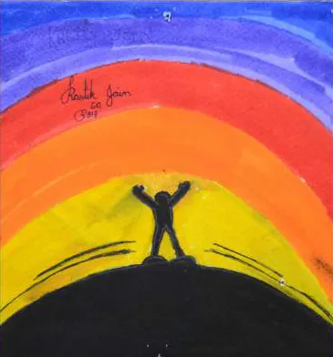 A small figure with raised arms on a hill beneath a rainbow