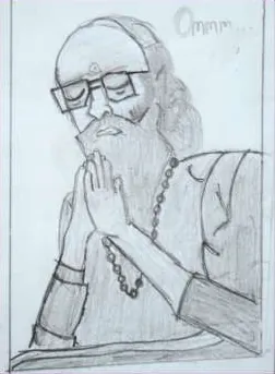 An old man with glasses and a long beard, hands folded, beside the word "Ommm"