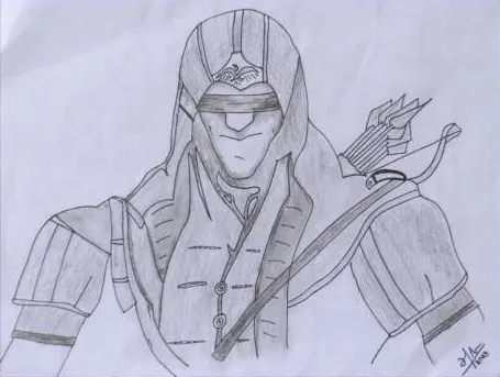 A hooded archer with a bow, in grey