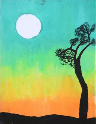A dark tree silhouetted against a gradient from turquoise to orange, under a white moon