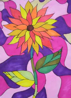 A bright flower on a ground of purple and pink shapes