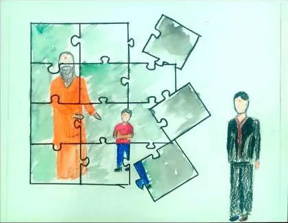 A jigsaw of a saffron-robed teacher and a boy, pieces coming loose towards a man in a suit
