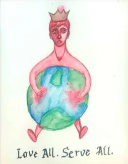 A crowned figure hugging the globe, above the words "Love All. Serve All."