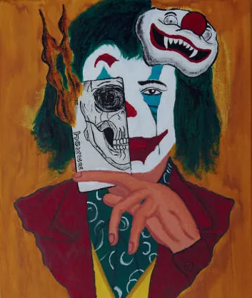 The Joker, his face half a skull, holding a clown mask