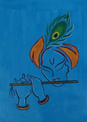 Krishna's profile in a few lines, with a peacock feather and flute, on blue