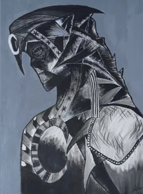 A figure in a mask and cloak, in angular greys and blacks