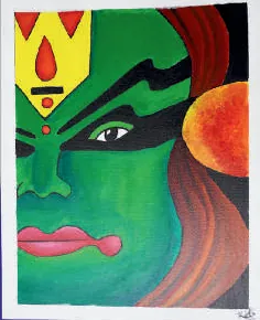 A Kathakali face in green, red and yellow