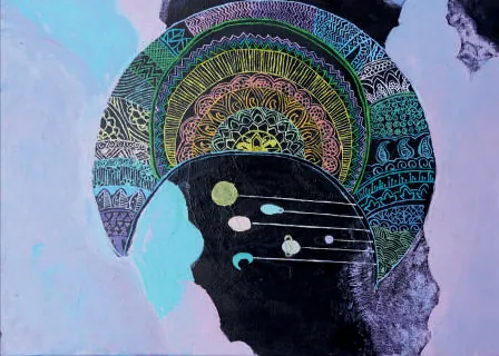 A head in silhouette crowned with a patterned arc, planets inside it