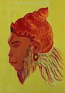 Hanuman in profile, his hair in flowing orange strokes, on yellow