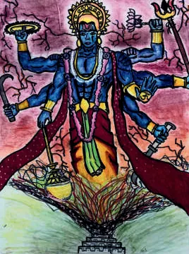 A many-armed blue deity above flames