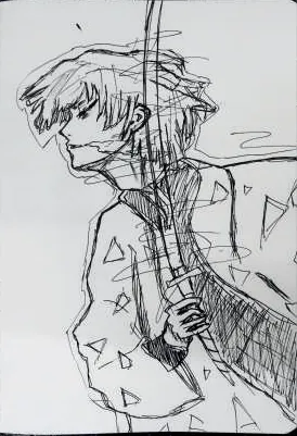 A figure with a sword, in loose black lines