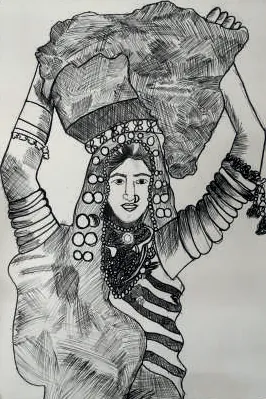 A woman in heavy jewellery carrying a rock above her head