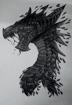 A dragon's head of black spines and scales