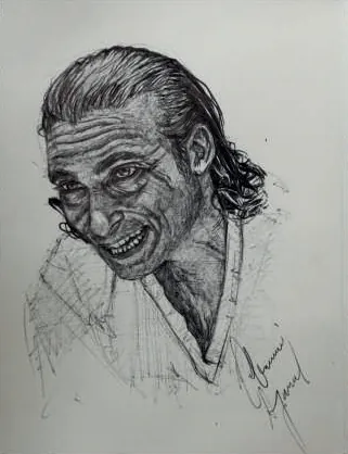An old man with swept-back hair, laughing, in fine grey lines
