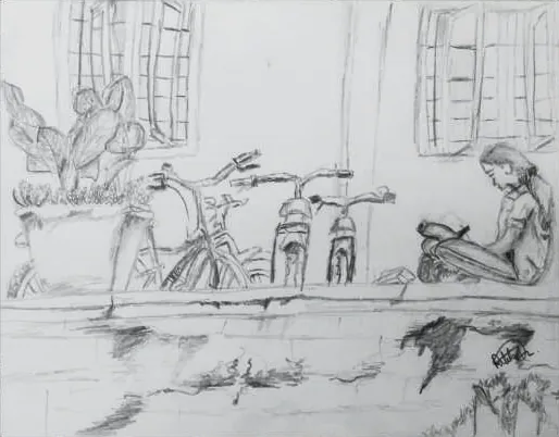 A light sketch of bicycles beneath windows, with a girl sitting beside them