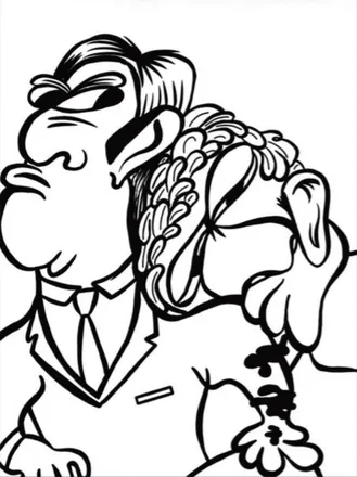 A caricature of a man in a suit, in bold black line