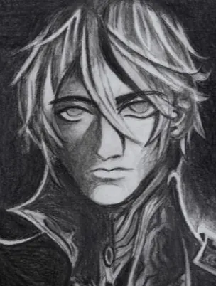 A young man with long pale hair, in charcoal greys