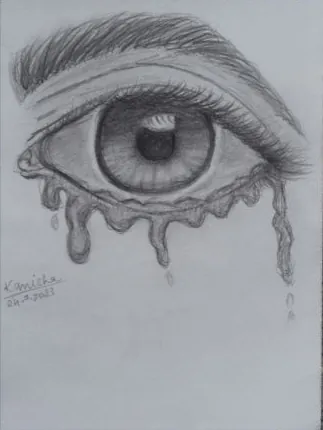 A single eye shedding long drips of tears