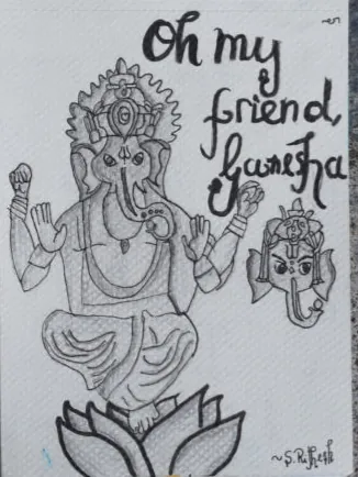 Lord Ganesha on a lotus, with the words "Oh my friend Ganesha"