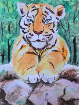 A tiger lying on rocks among green trees