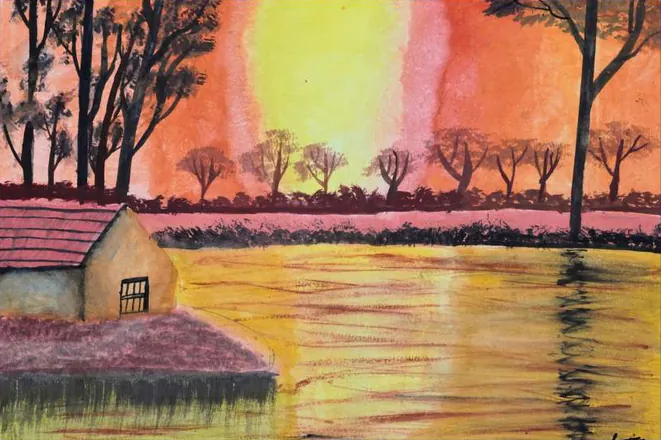 A cottage by a golden lake beneath trees and a glowing sky