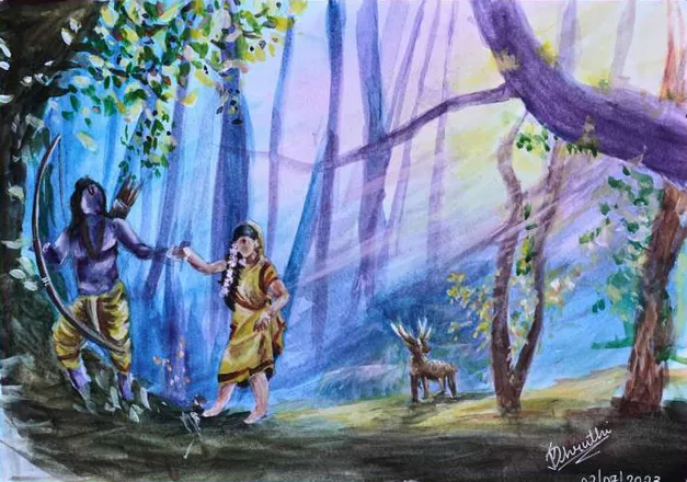 A man and a woman walking through a blue, sunlit forest, a deer behind them