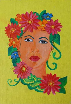 A woman's face framed by red and blue flowers, on yellow