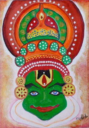 A Kathakali face in green beneath a tall ornamented crown
