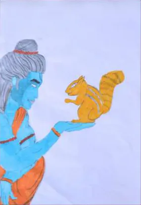 Lord Rama in blue holding a squirrel on his palm