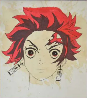An anime boy with red spiky hair and hanging earrings
