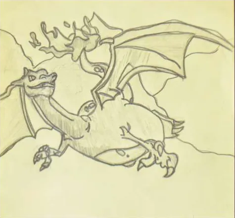 A winged dragon in light outline on cream paper