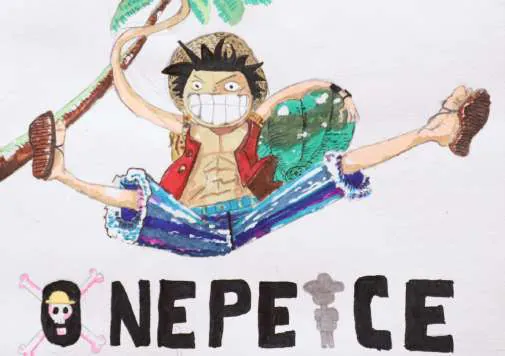 An anime pirate leaping, above the words "One Piece"