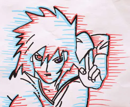 An anime face in black outline with red and blue offset lines