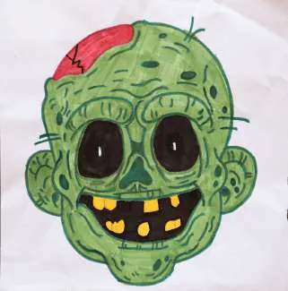A green zombie head with a gap-toothed grin