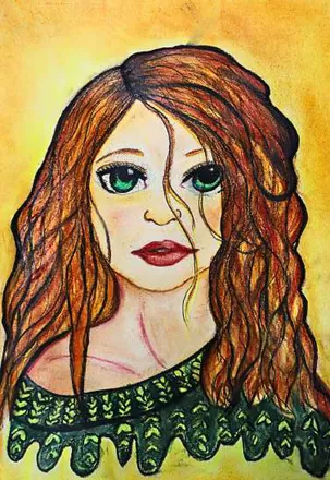 A woman with long auburn hair and green eyes, on yellow