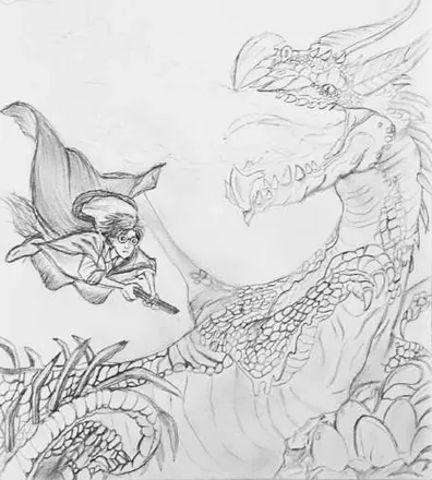 A figure on a broom racing a huge dragon, in light grey line