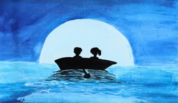 Two figures in a boat silhouetted against a full moon over blue water