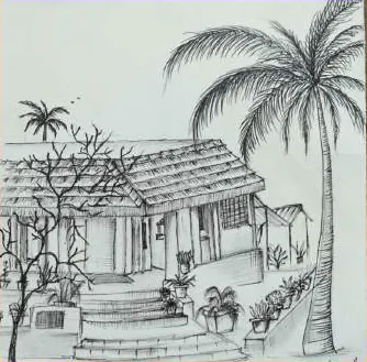 A tiled house among palm trees, in fine black line