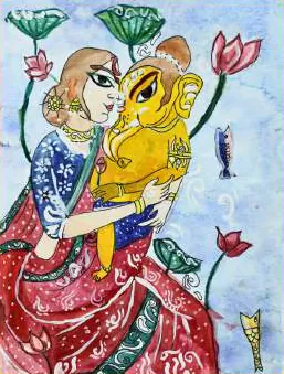 A woman in a red sari holding a golden Ganesha among lotuses