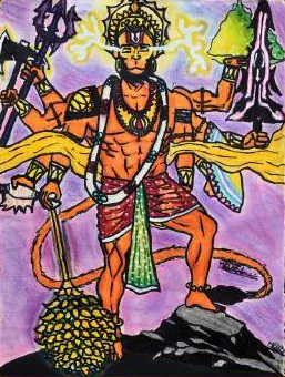 Hanuman with five heads and many arms, holding weapons