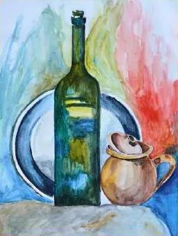 A green bottle, a blue plate and a clay pot