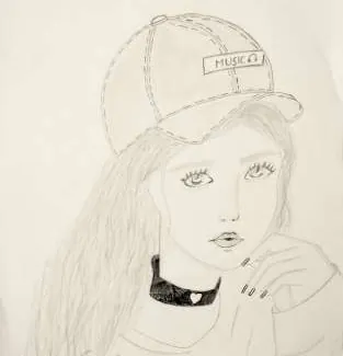 A girl in a cap and choker, in light grey line