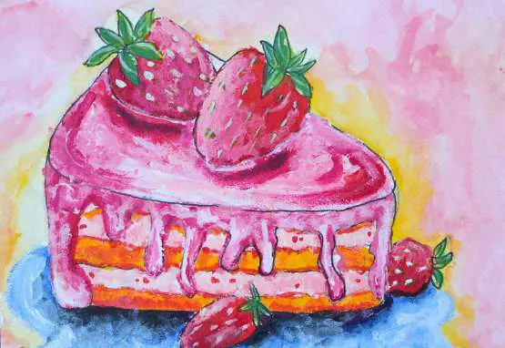 A slice of strawberry cake dripping with pink icing