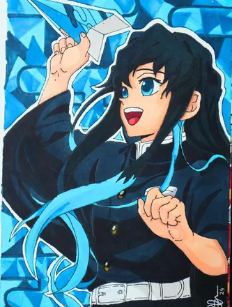 An anime swordsman with long black hair against blue shards of glass