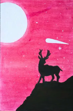 A stag silhouetted on a cliff against a pink sky and white moon