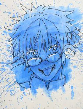 A boy in round glasses, in splashes of blue