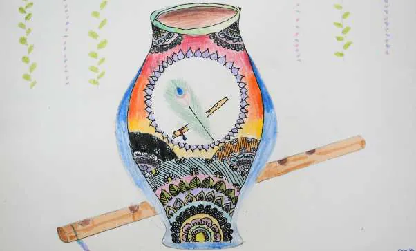 A patterned pot with a flute and peacock feather laid across it